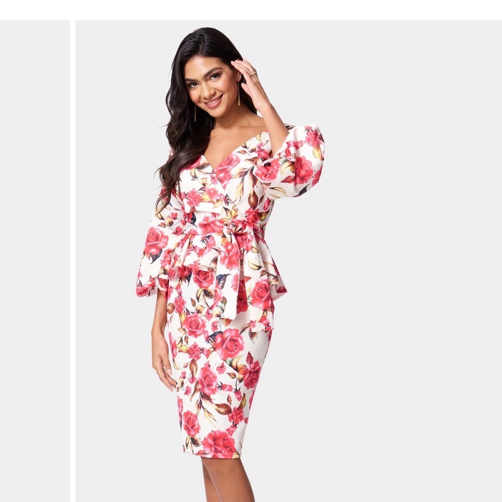 Bebe Rose Print Wrap Peplum Midi Dress in Pink and White